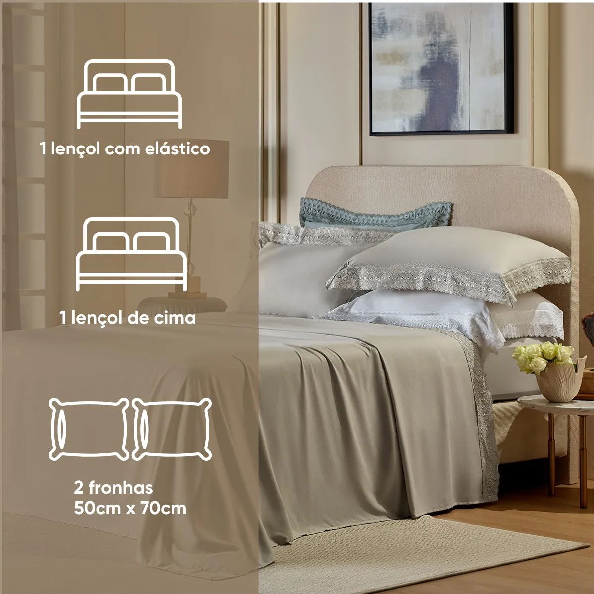 Jogo de Cama Casal Bordado Inglês Premium Appel Home – 4 Peças – Amêndoa, foto 3