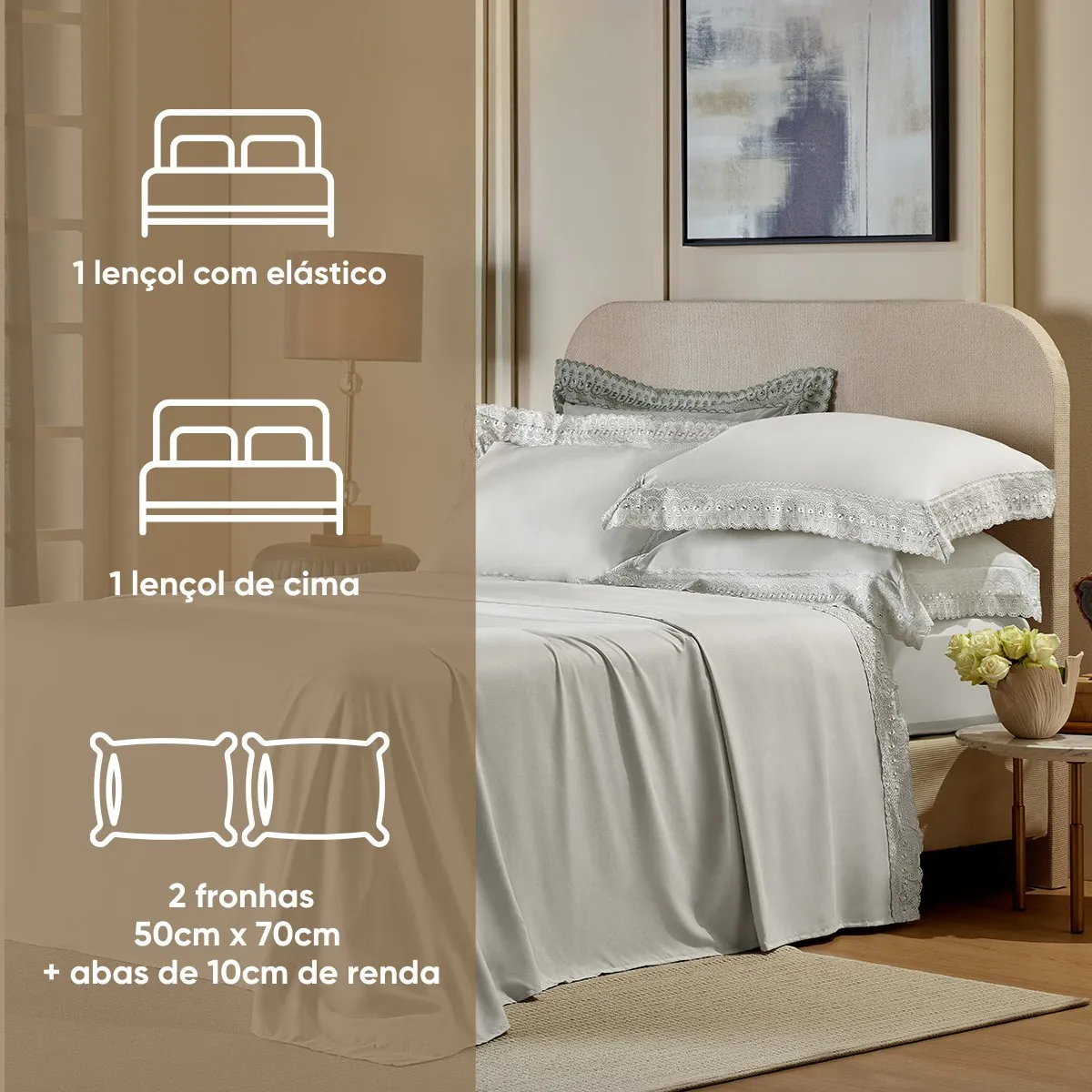Jogo de Cama Casal Bordado Inglês Premium Appel Home – 4 Peças – Branco, foto 3