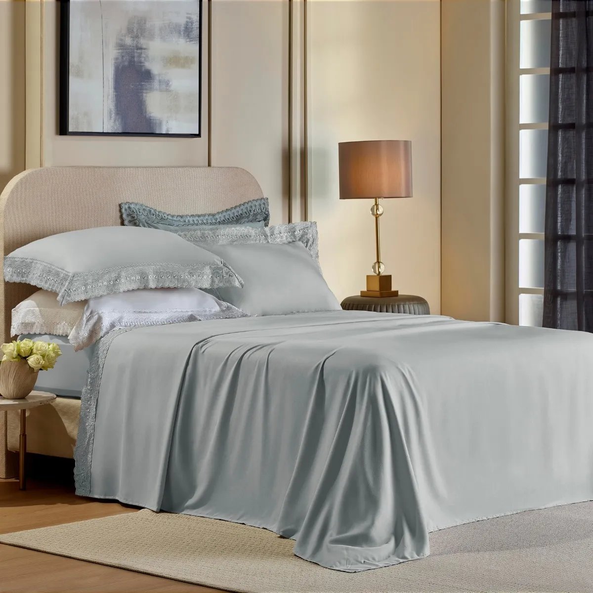 Jogo de Cama Queen Bordado Inglês Premium Appel Home – 4 Peças – Prata