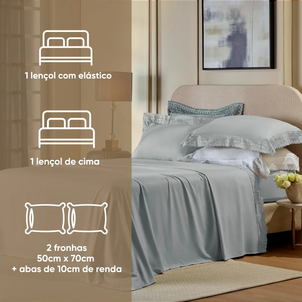 Jogo de Cama Queen Bordado Inglês Premium Appel Home – 4 Peças – Prata, foto 3
