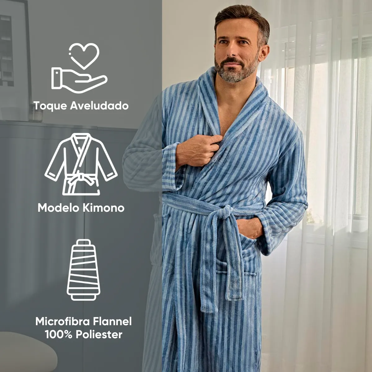 Roupão de Microfibra Flannel Charme Appel Home – Listrado Azul, foto 3