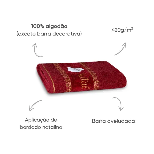 Toalha de Banho Appel Home Natalina Bordada – 100% Algodão 68cm x 1,35m – Noel Bordô, foto 3