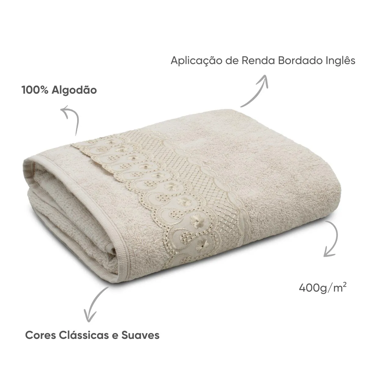 Toalha de Rosto Bordado Inglês Bordare Appel Home – 100% Algodão – Bege Glacê, foto 3